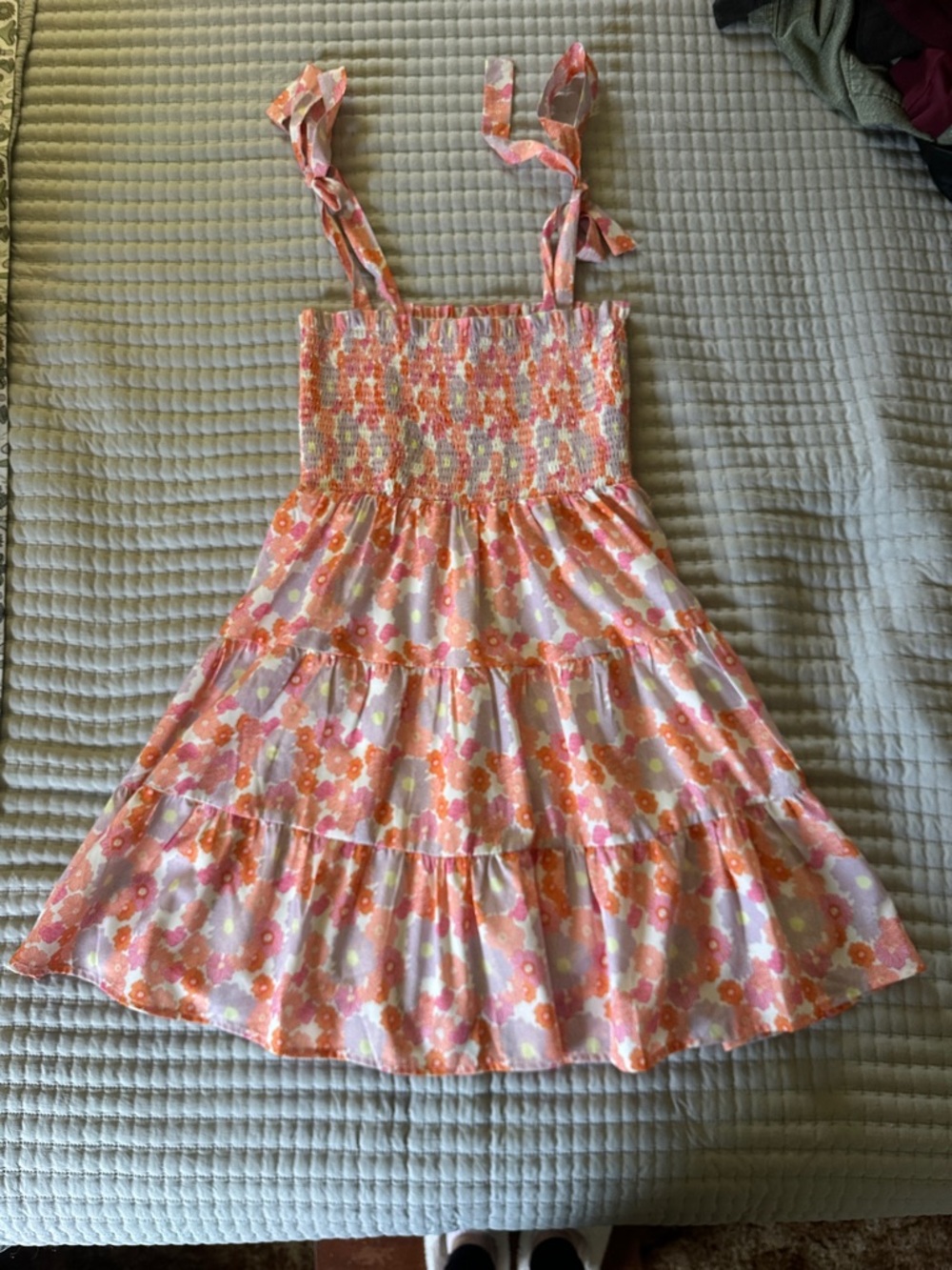 Smocked Floral Tie-Shoulder Sundress in Pink and Orange